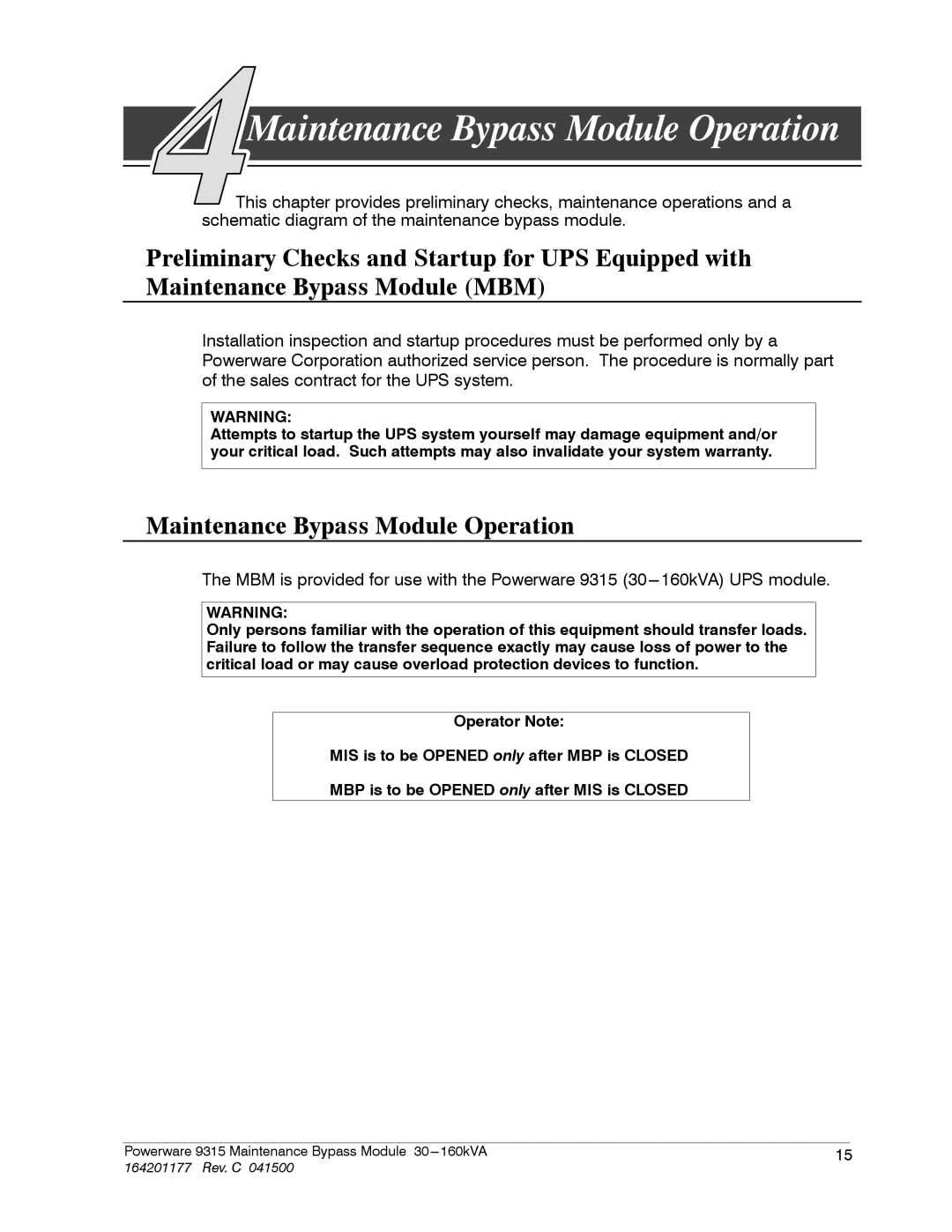 Powerware 30-160kVA operation manual Maintenance Bypass Module Operation 