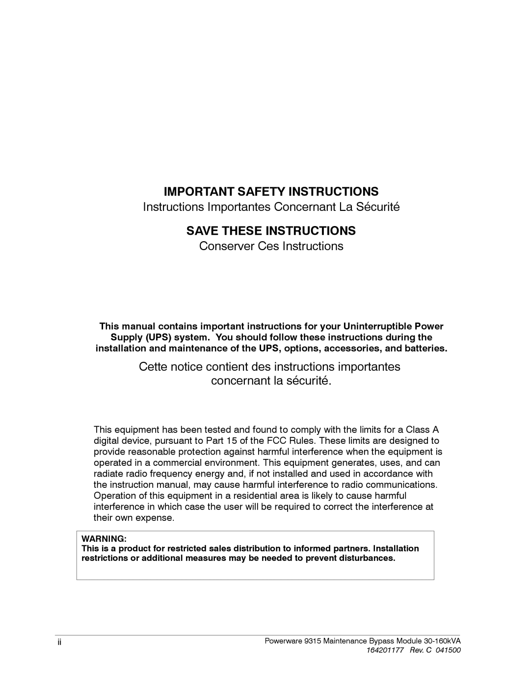 Powerware 30-160kVA operation manual Important Safety Instructions 