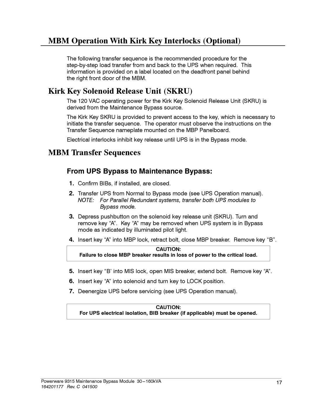 Powerware 30-160kVA operation manual MBM Operation With Kirk Key Interlocks Optional, Kirk Key Solenoid Release Unit Skru 