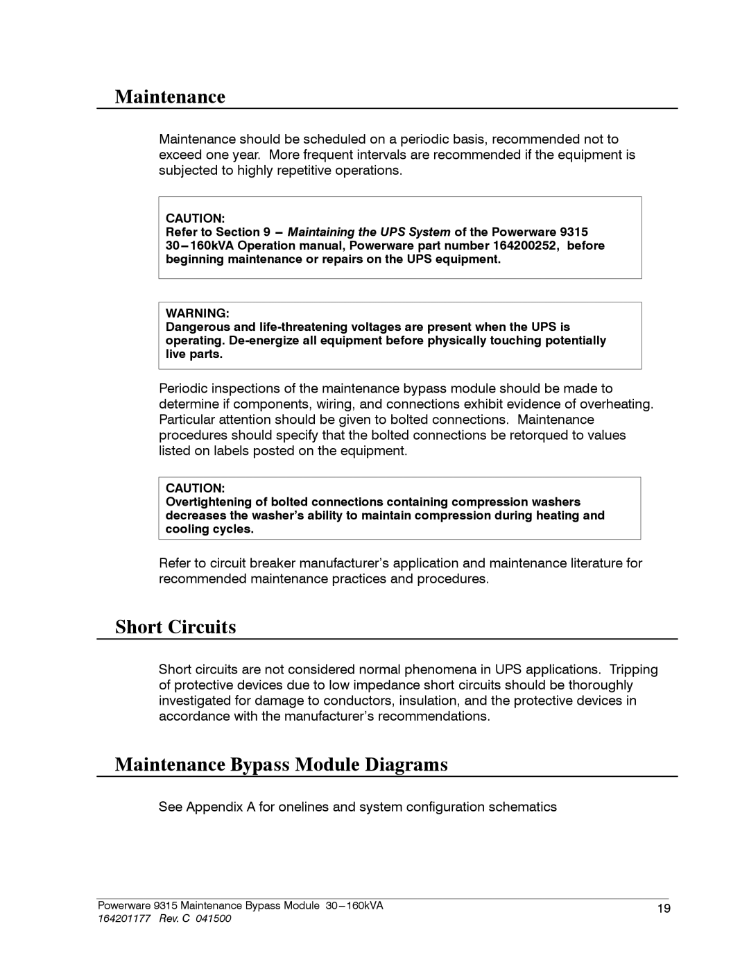 Powerware 30-160kVA operation manual Short Circuits, Maintenance Bypass Module Diagrams 