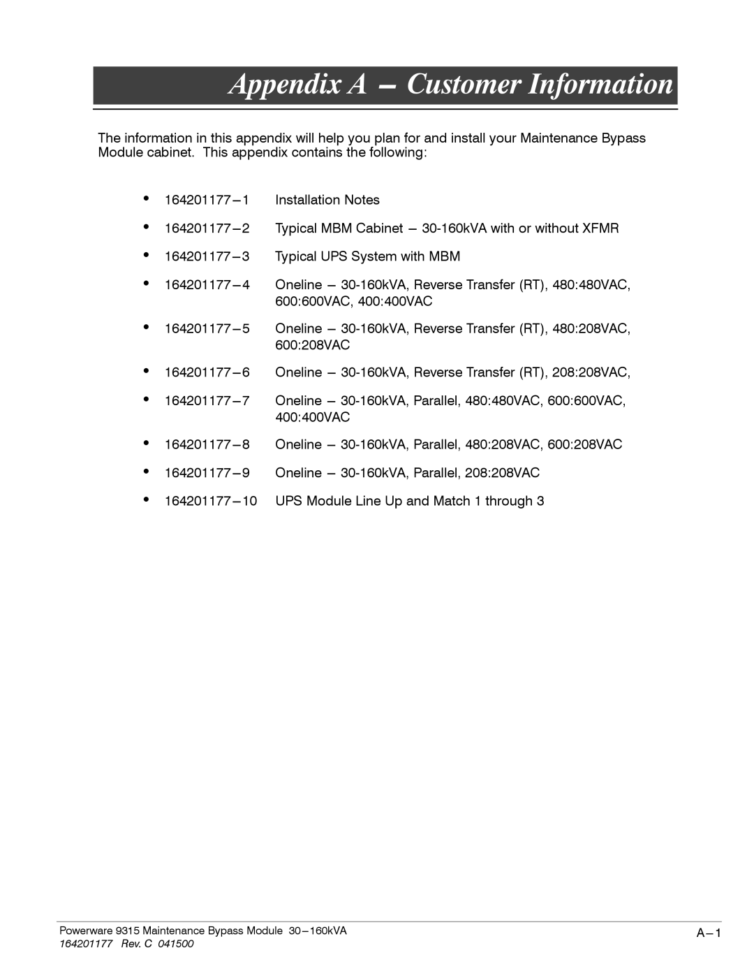 Powerware 30-160kVA operation manual Appendix a --- Customer Information 