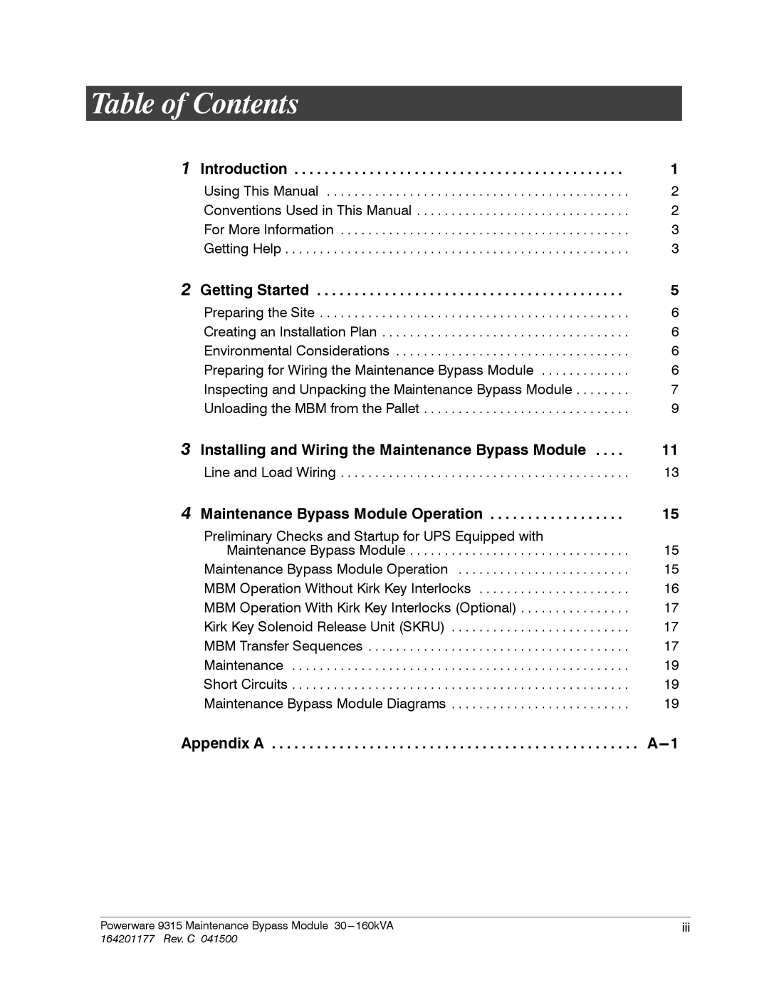 Powerware 30-160kVA operation manual Table of Contents 