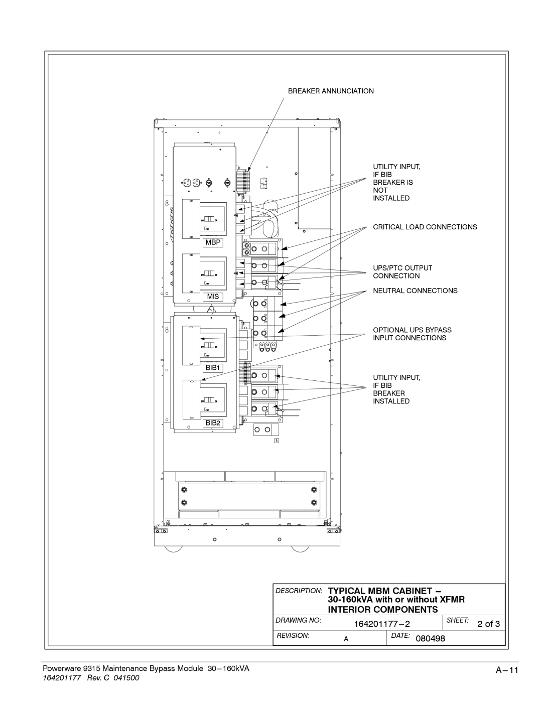 Powerware 30-160kVA operation manual Description Typical MBM Cabinet, Interior Components 