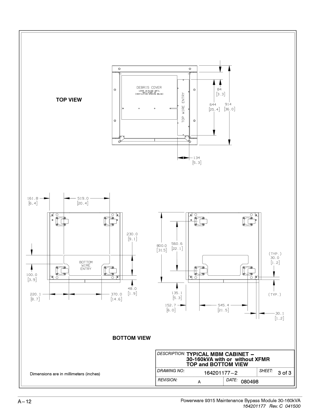 Powerware 30-160kVA operation manual TOP View Bottom View 