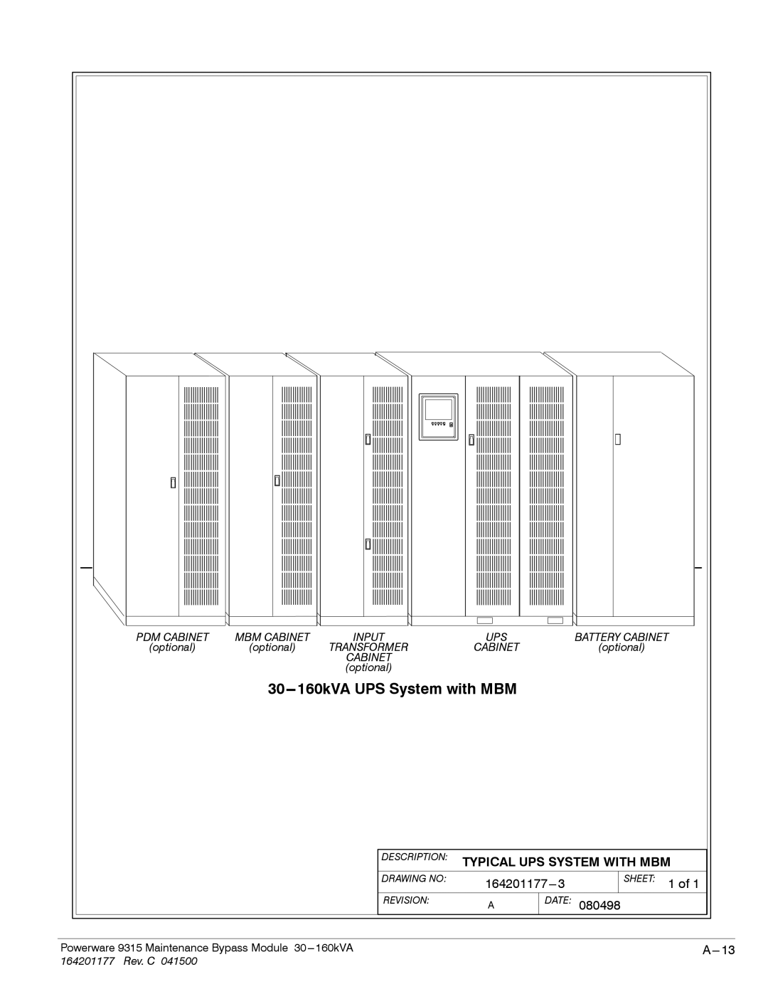 Powerware 30-160kVA operation manual 30---160kVA UPS System with MBM, Description Typical UPS System with MBM 