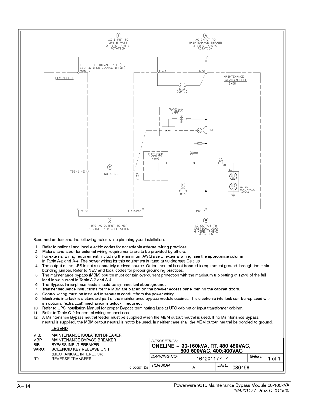 Powerware operation manual Oneline -- 30-160kVA, RT, 480480VAC, 600600VAC, 400400VAC 