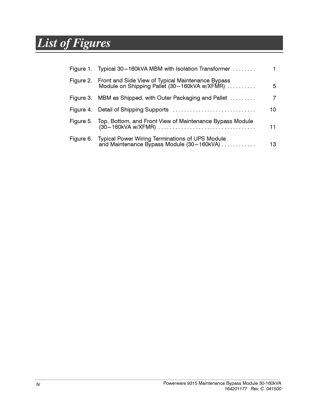 Powerware 30-160kVA operation manual List of Figures, Typical Power Wiring Terminations of UPS Module 