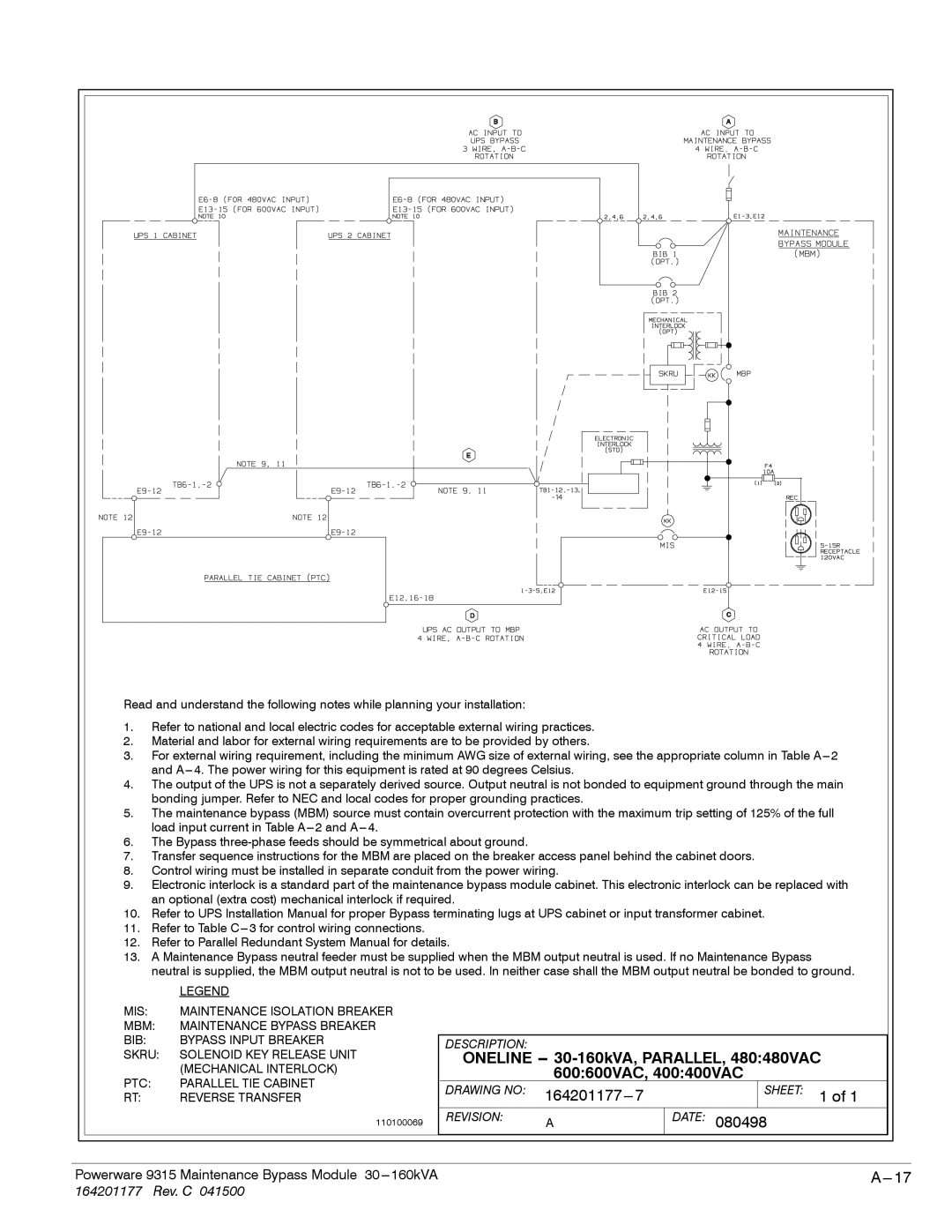 Powerware operation manual Oneline -- 30-160kVA, PARALLEL, 480480VAC, 164201177---7 