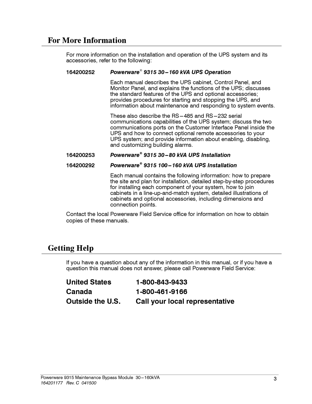 Powerware 30-160kVA operation manual For More Information, Getting Help 