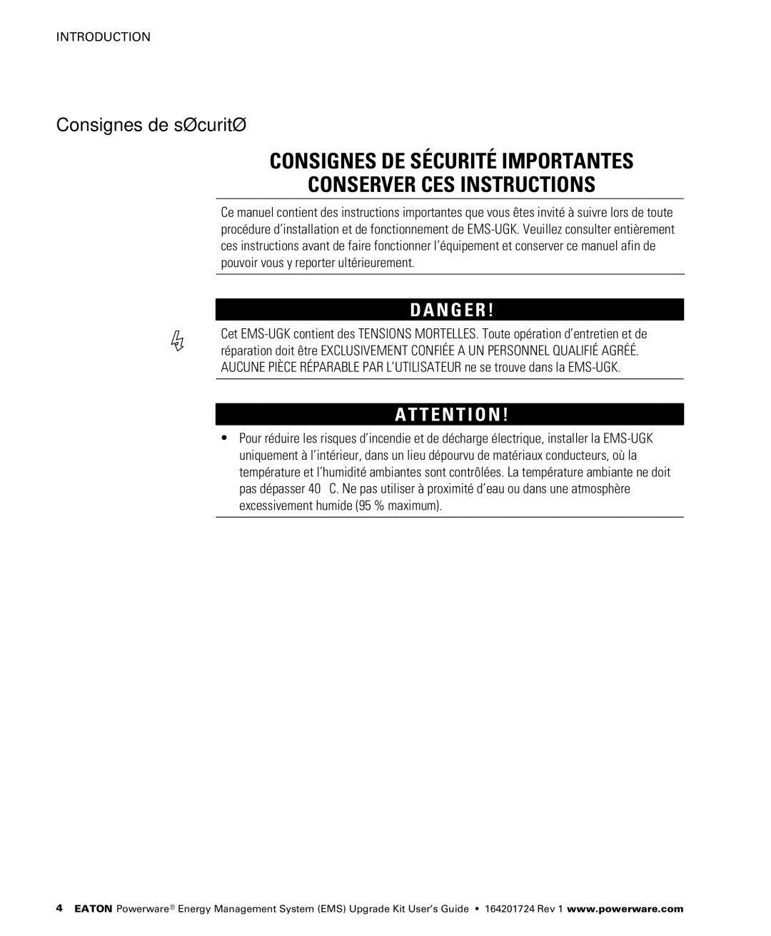 Powerware 415/240V, 400/230V, 380/220V, 208/120V manual Consignes de sécurité, N G E R 