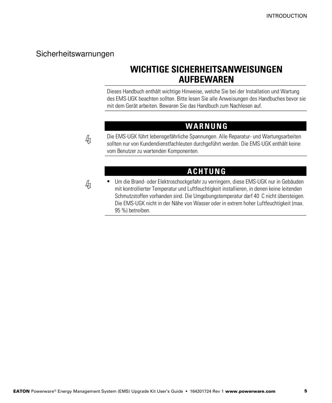 Powerware 208/120V, 400/230V, 380/220V, 415/240V manual Wichtige Sicherheitsanweisungen Aufbewaren, Sicherheitswarnungen 