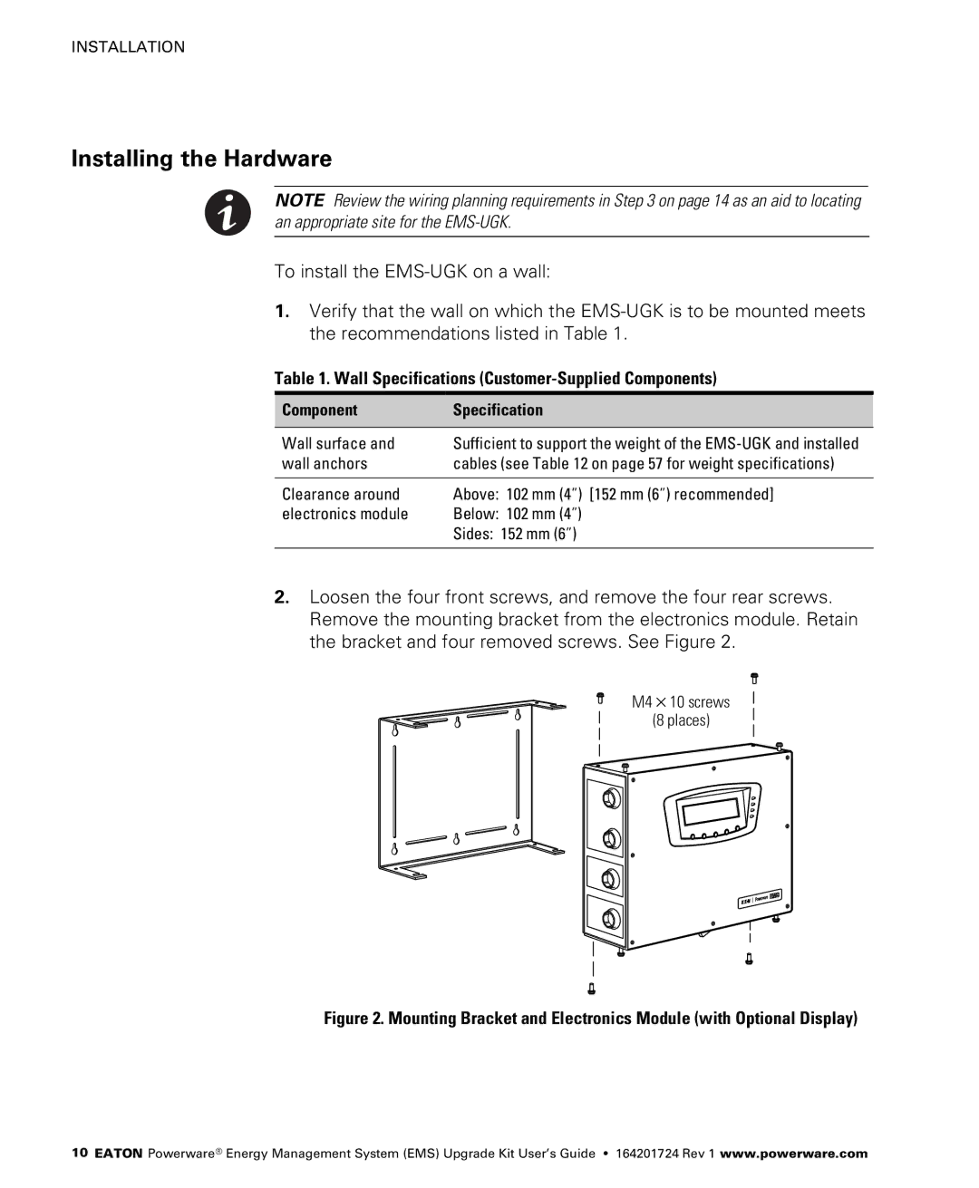 Powerware 400/230V, 380/220V, 415/240V, 208/120V Installing the Hardware, Wall Specifications Customer−Supplied Components 