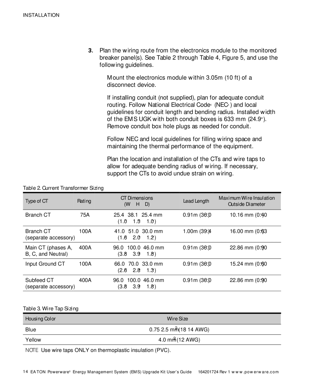 Powerware 400/230V, 380/220V, 415/240V, 208/120V manual Current Transformer Sizing, Wire Tap Sizing 