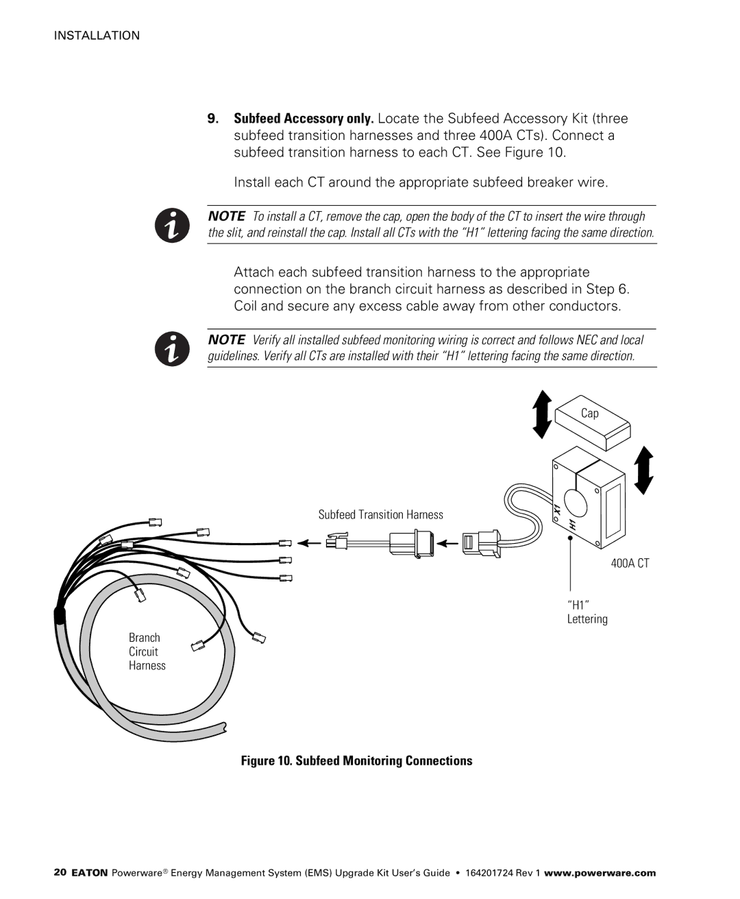 Powerware 415/240V, 400/230V Install each CT around the appropriate subfeed breaker wire, Subfeed Monitoring Connections 