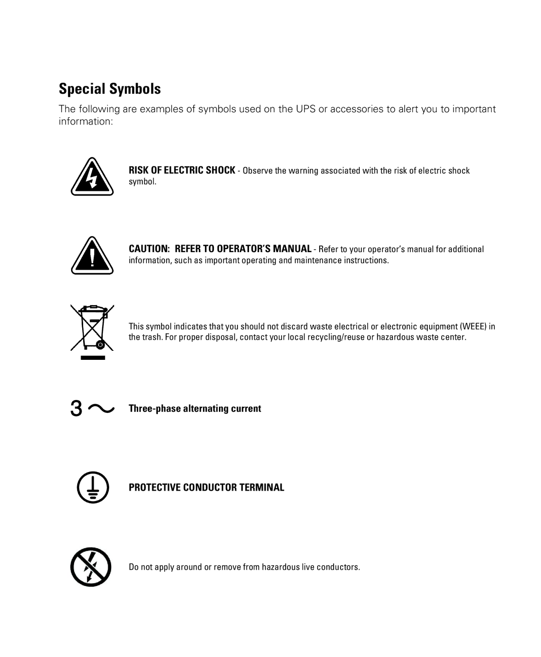 Powerware 208/120V, 400/230V, 380/220V, 415/240V manual Special Symbols, Three−phase alternating current 