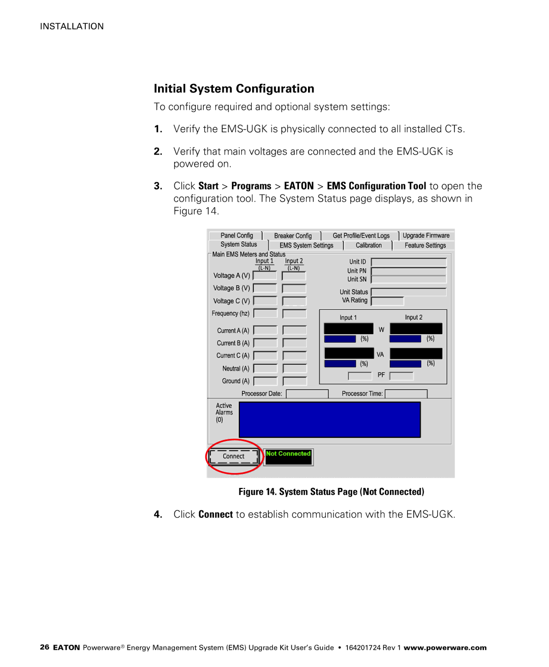 Powerware 400/230V, 380/220V manual Initial System Configuration, Click Connect to establish communication with the EMS−UGK 