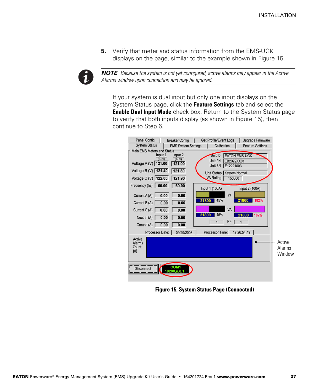 Powerware 380/220V, 400/230V, 415/240V, 208/120V manual System Status Page Connected 