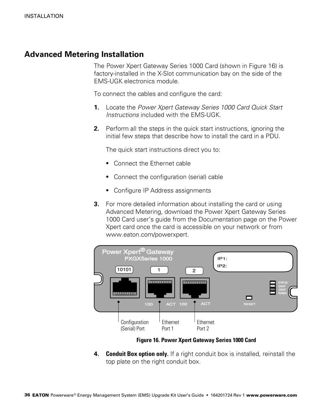 Powerware 415/240V, 400/230V, 380/220V, 208/120V manual Advanced Metering Installation, Power Xpert Gateway Series 1000 Card 