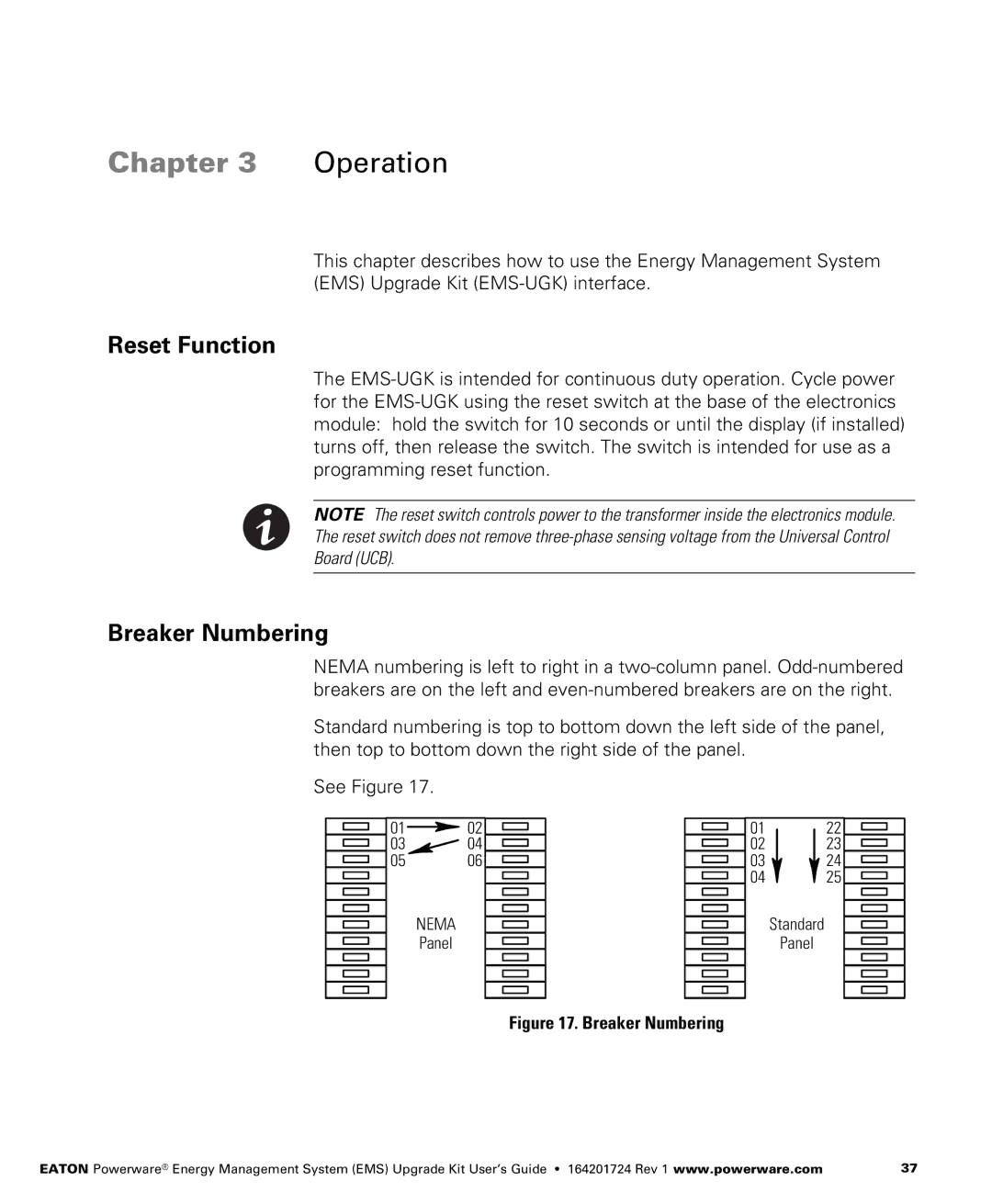 Powerware 208/120V, 400/230V, 380/220V, 415/240V manual Reset Function, Breaker Numbering, Board UCB 