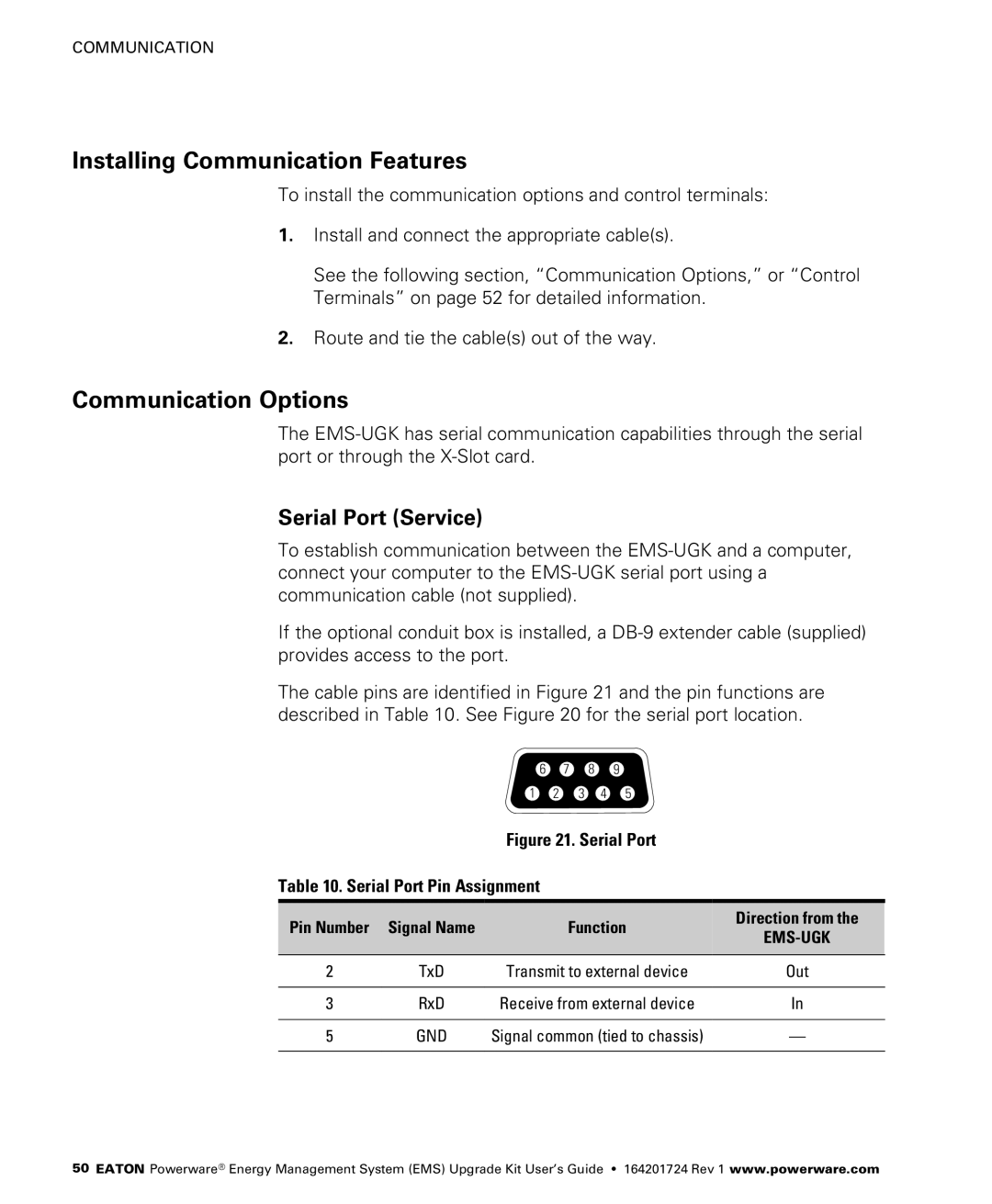 Powerware 400/230V, 380/220V, 415/240V manual Installing Communication Features, Communication Options, Serial Port Service 