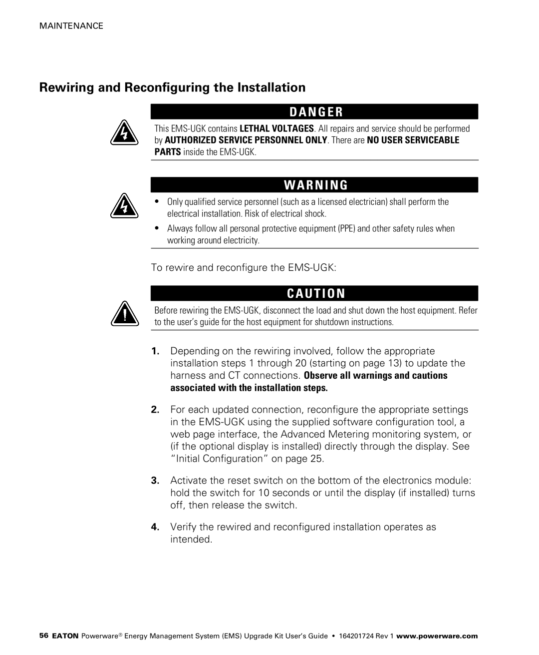 Powerware 415/240V, 400/230V, 380/220V Rewiring and Reconfiguring the Installation, To rewire and reconfigure the EMS−UGK 