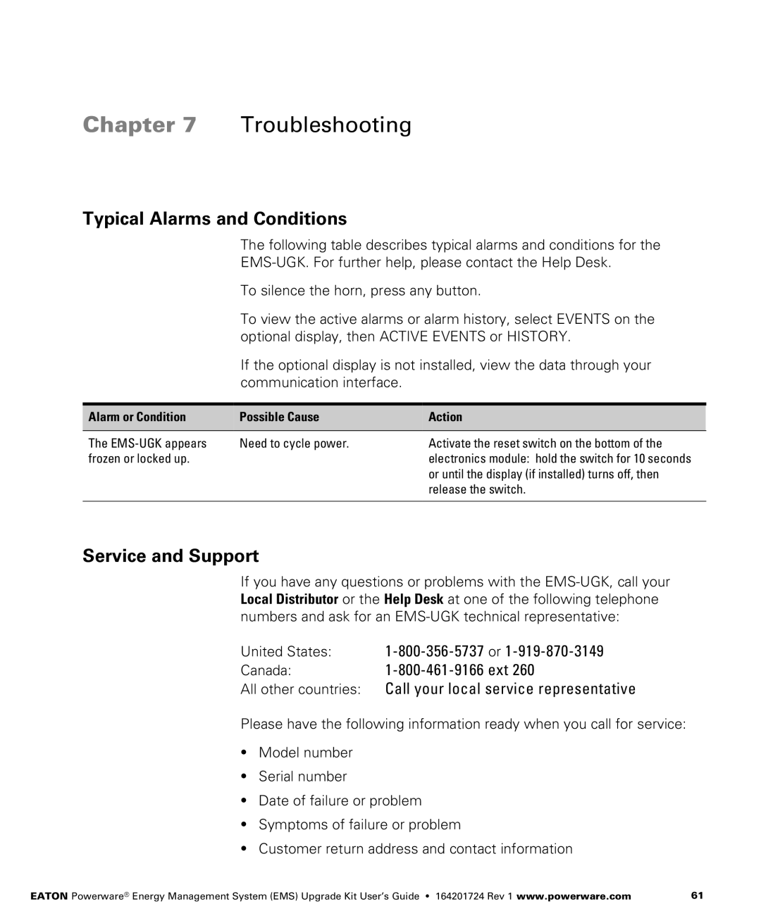 Powerware 208/120V, 400/230V, 380/220V, 415/240V manual Typical Alarms and Conditions, Service and Support 