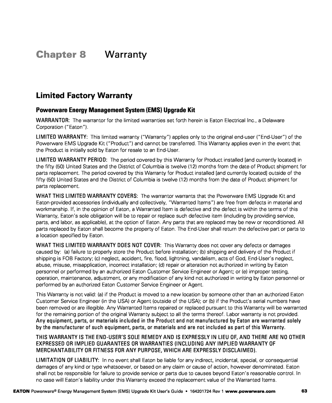 Powerware 380/220V, 400/230V Limited Factory Warranty, Chapter, Powerware Energy Management System EMS Upgrade Kit 