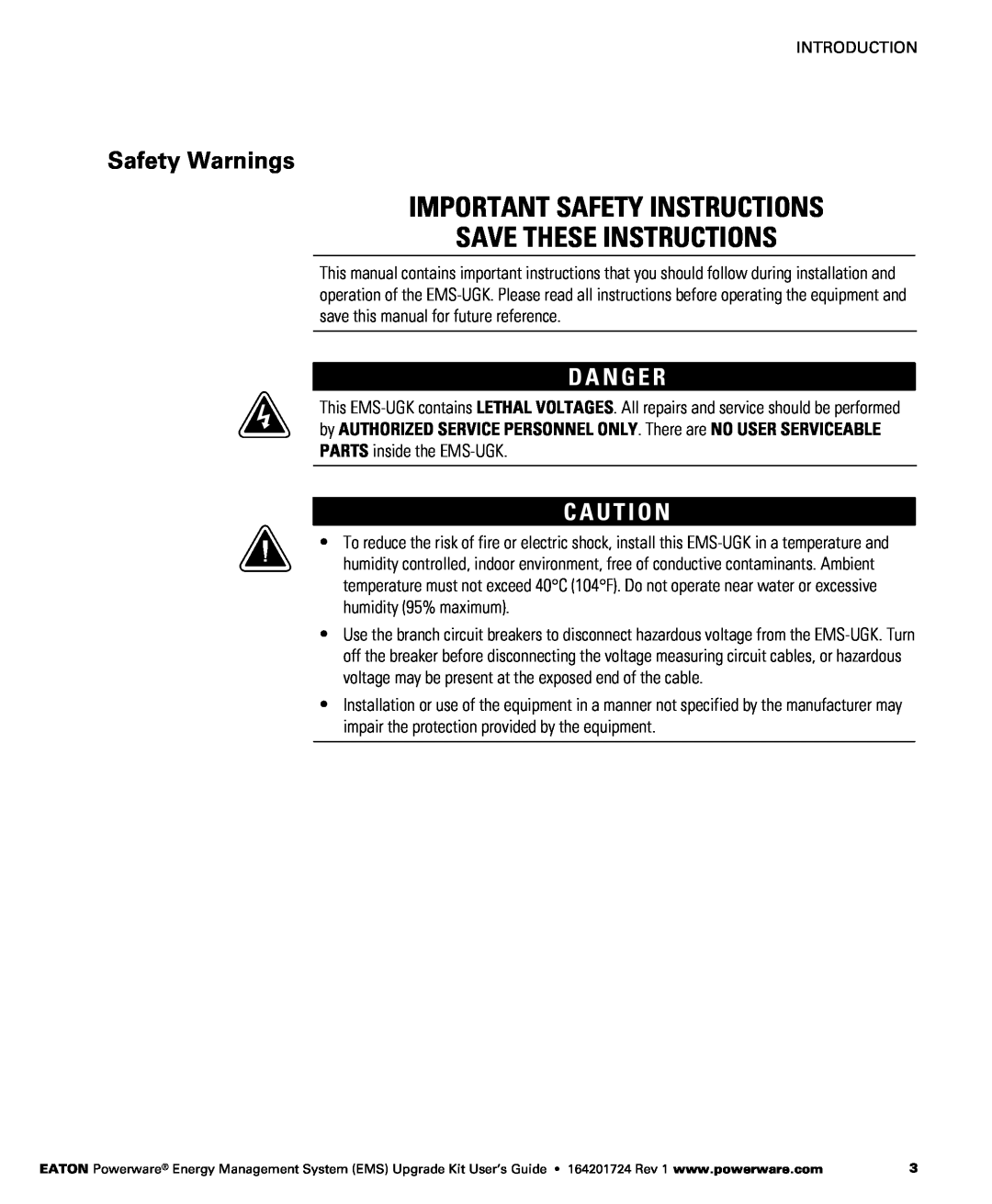 Powerware 380/220V Important Safety Instructions Save These Instructions, Safety Warnings, D A N G E R, C A U T I O N 