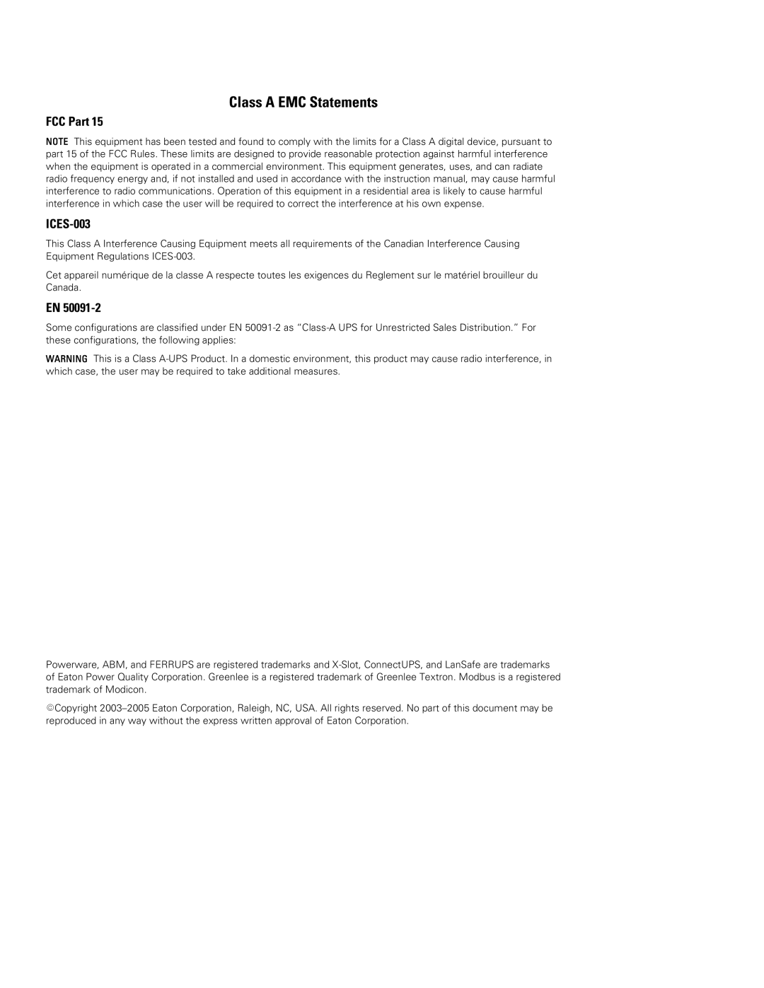 Powerware 5000, 6000 VA manual Class a EMC Statements, FCC Part ICES-003 