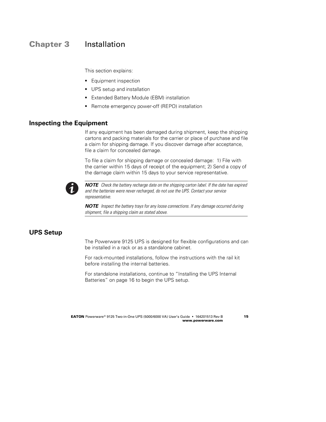 Powerware 6000 VA, 5000 manual Inspecting the Equipment, UPS Setup 