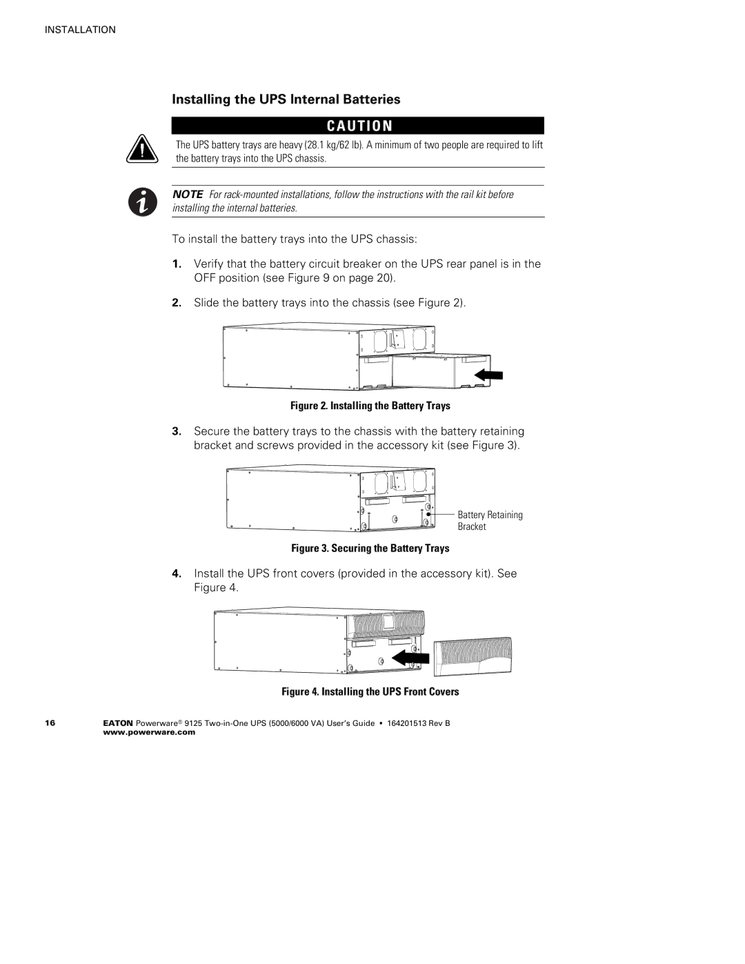 Powerware 5000, 6000 VA manual Installing the UPS Internal Batteries 