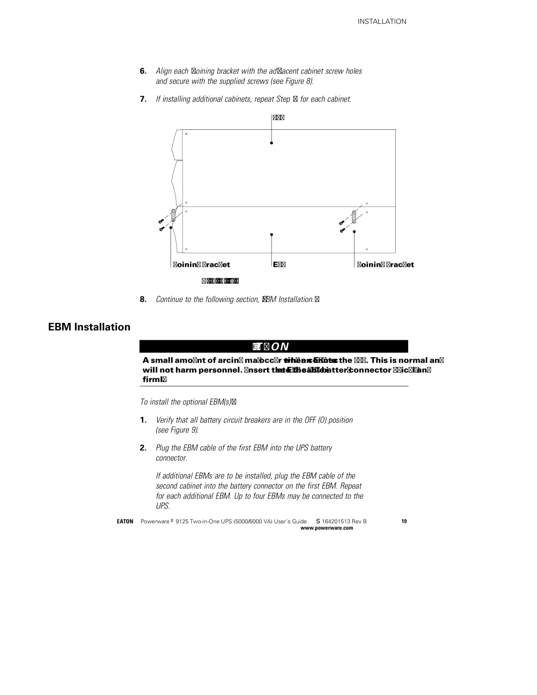 Powerware 6000 VA, 5000 manual EBM Installation, Installing the Joining Brackets Top View 