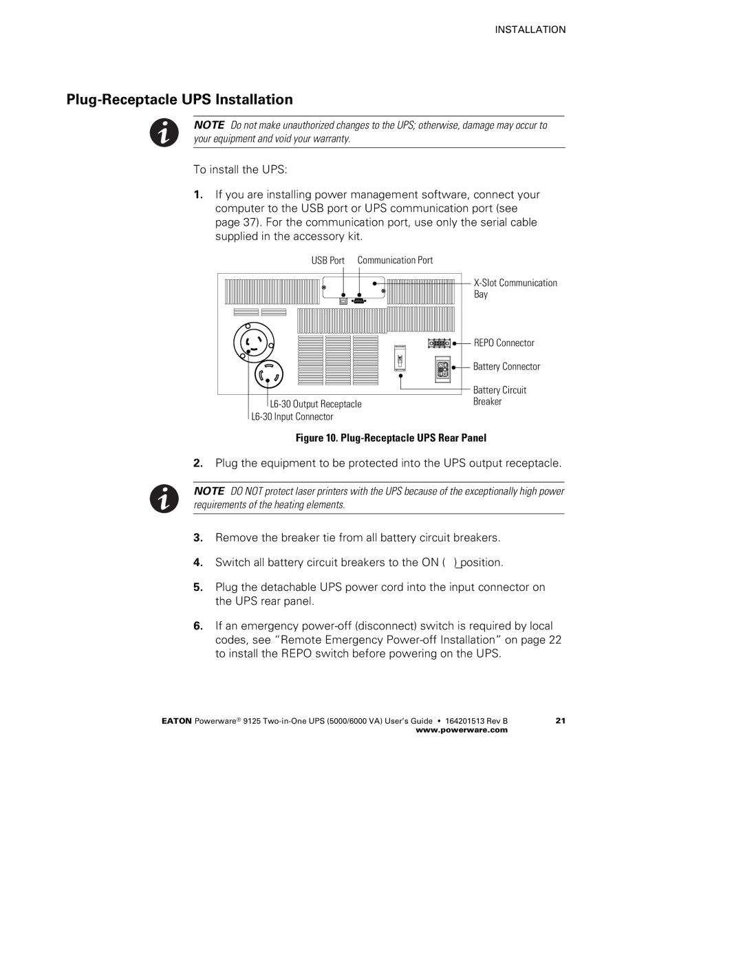 Powerware 6000 VA, 5000 manual Plug-Receptacle UPS Installation, Plug-Receptacle UPS Rear Panel 