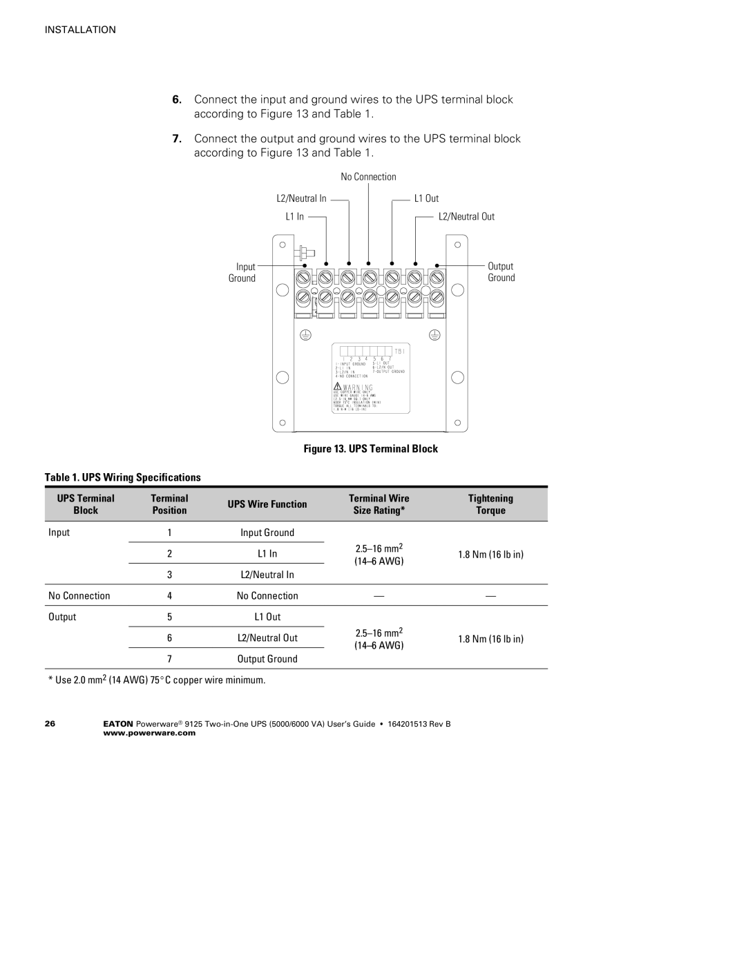 Powerware 5000, 6000 VA manual UPS Terminal Block 