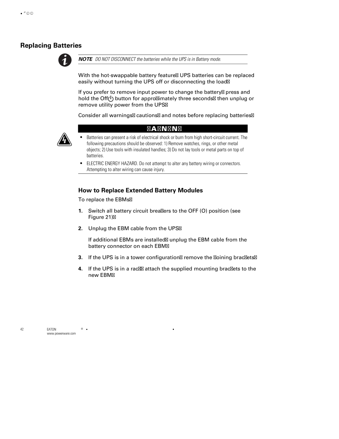 Powerware 5000, 6000 VA manual Replacing Batteries, How to Replace Extended Battery Modules 