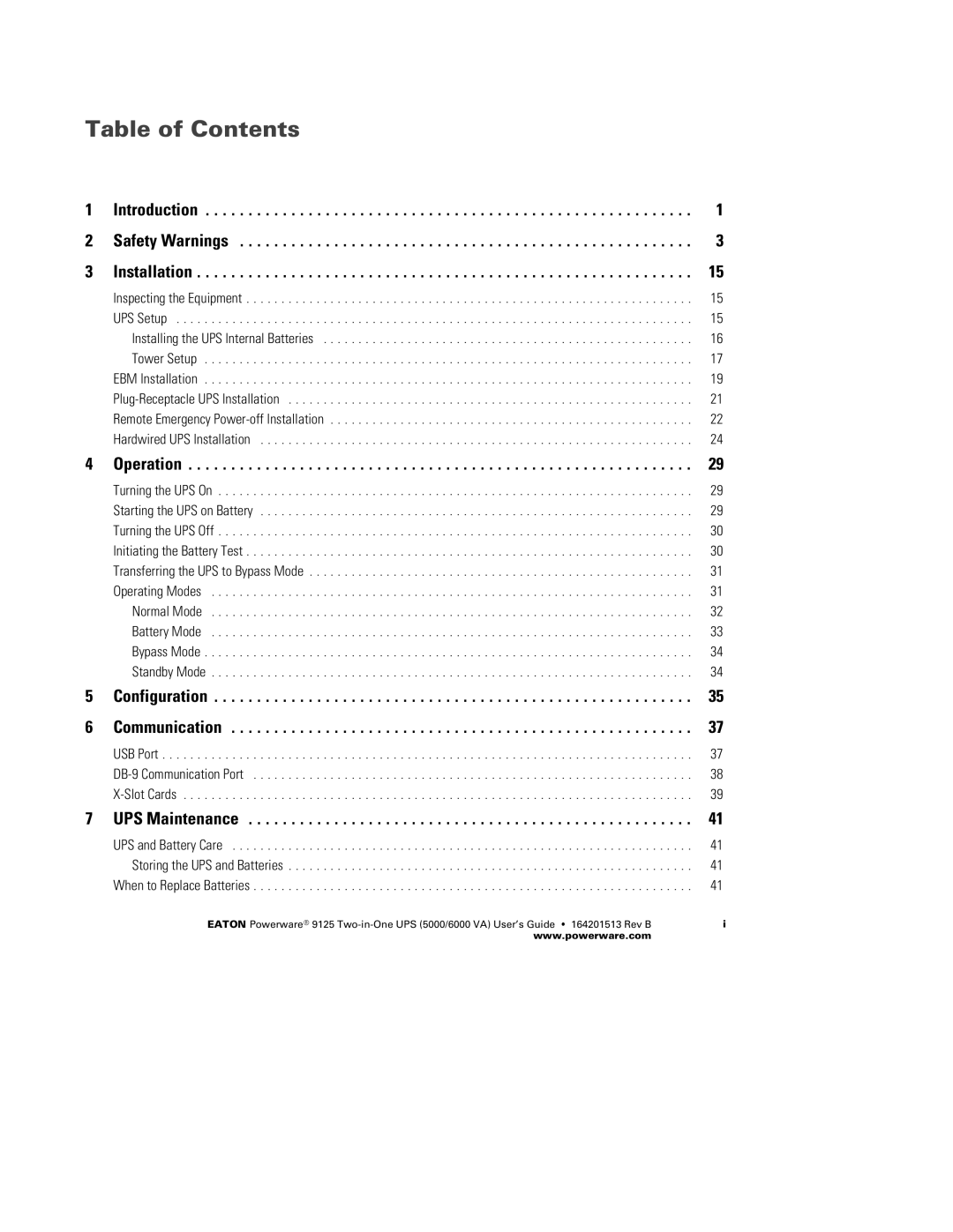 Powerware 6000 VA, 5000 manual Table of Contents 