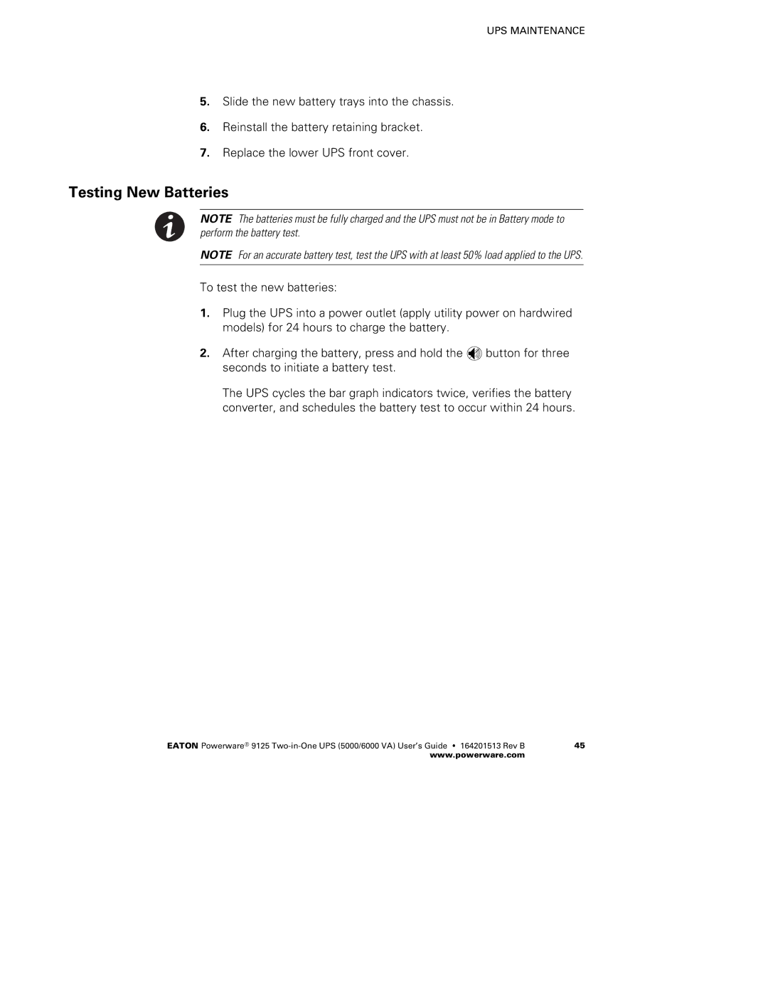 Powerware 6000 VA, 5000 manual Testing New Batteries 