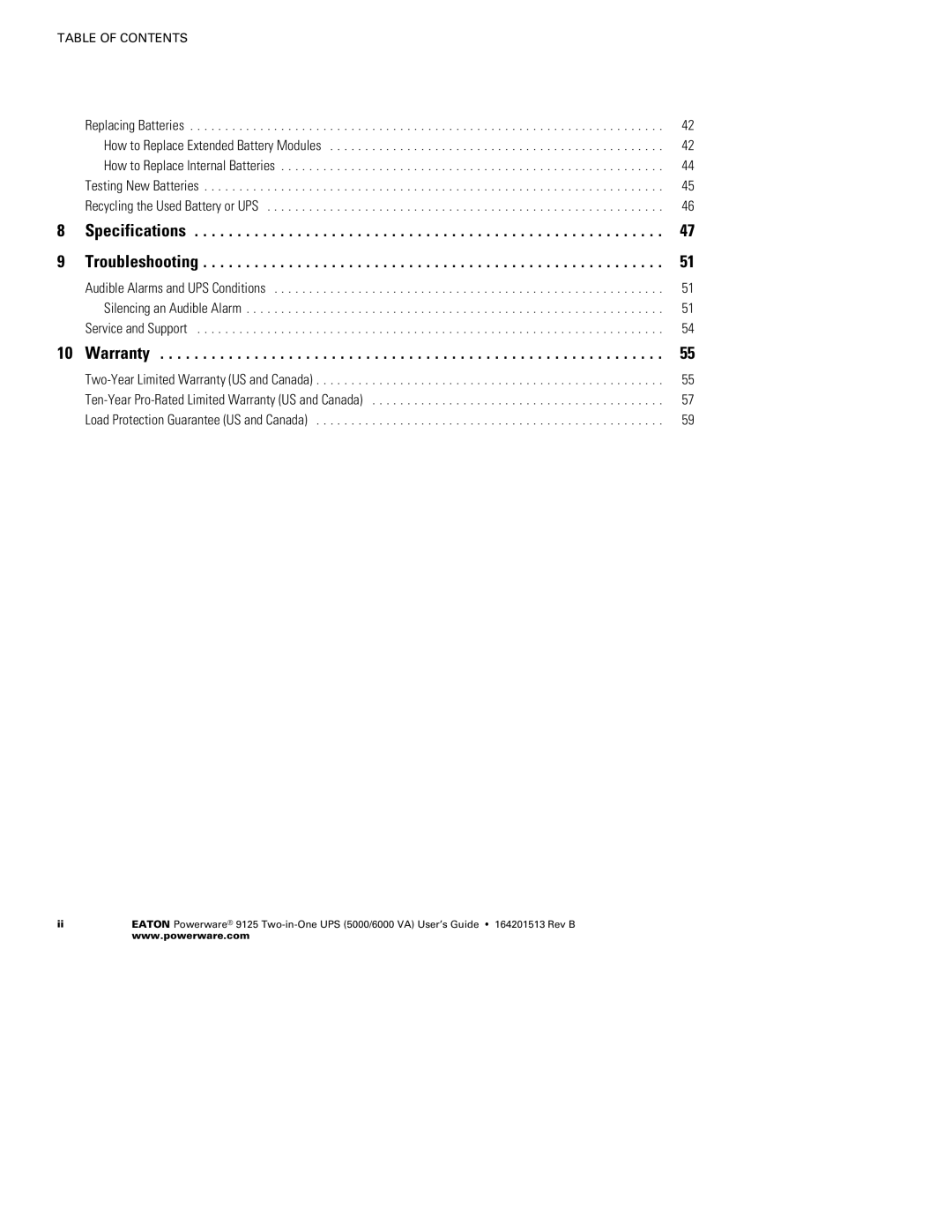 Powerware 5000, 6000 VA manual Specifications Troubleshooting 