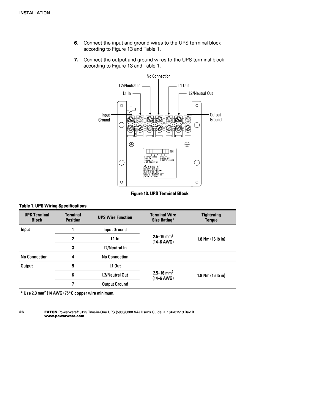 Powerware 5000, 6000 VA manual UPS Terminal Block, UPS Wiring Specifications, Tightening 