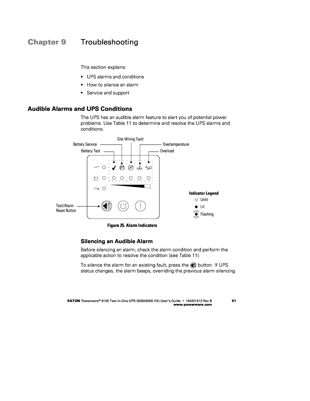 Powerware 6000 VA, 5000 manual Troubleshooting, Audible Alarms and UPS Conditions, Silencing an Audible Alarm 