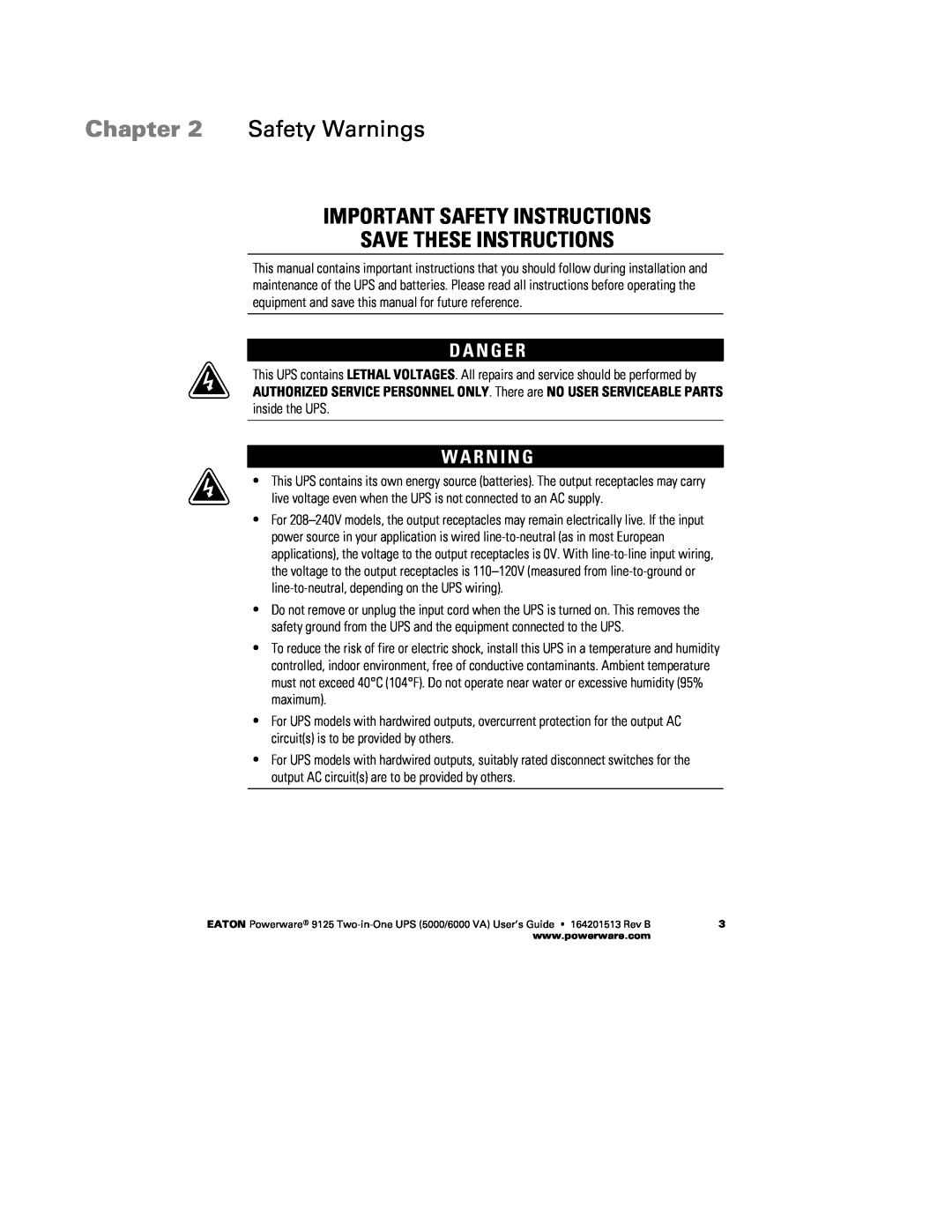 Powerware 6000 VA, 5000 Safety Warnings, Important Safety Instructions Save These Instructions, D A N G E R, W A R N I N G 