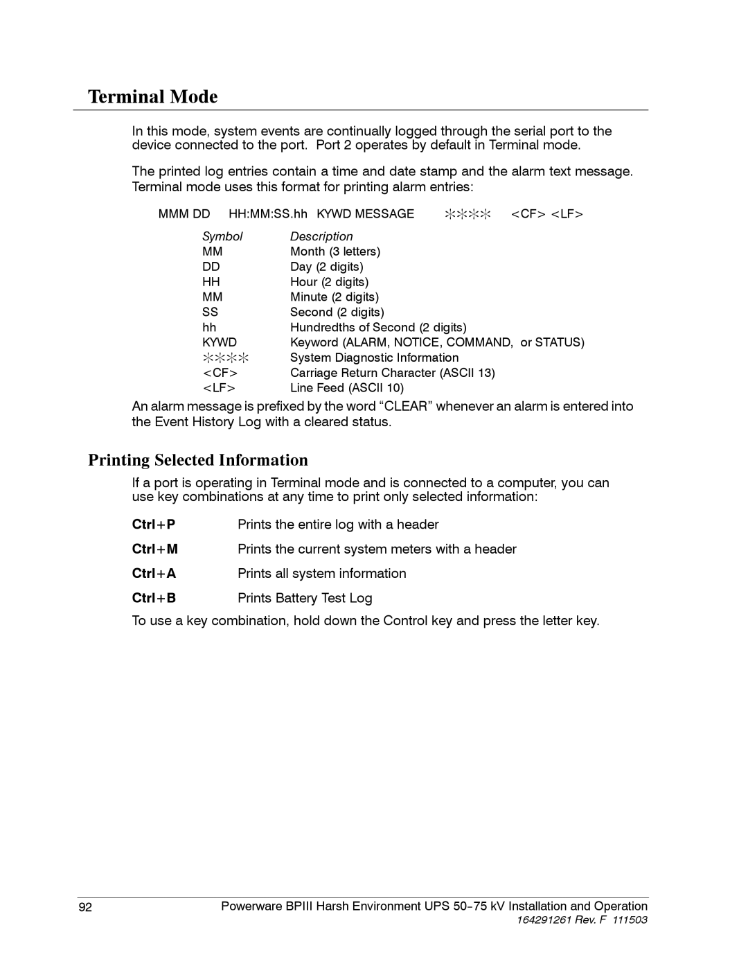 Powerware 5075 kVA operation manual Terminal Mode, Printing Selected Information 