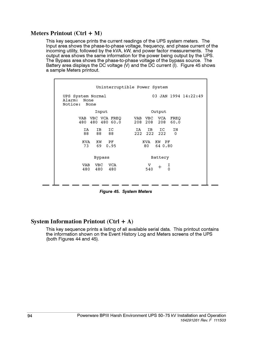 Powerware 5075 kVA operation manual Meters Printout Ctrl + M, System Information Printout Ctrl + a 