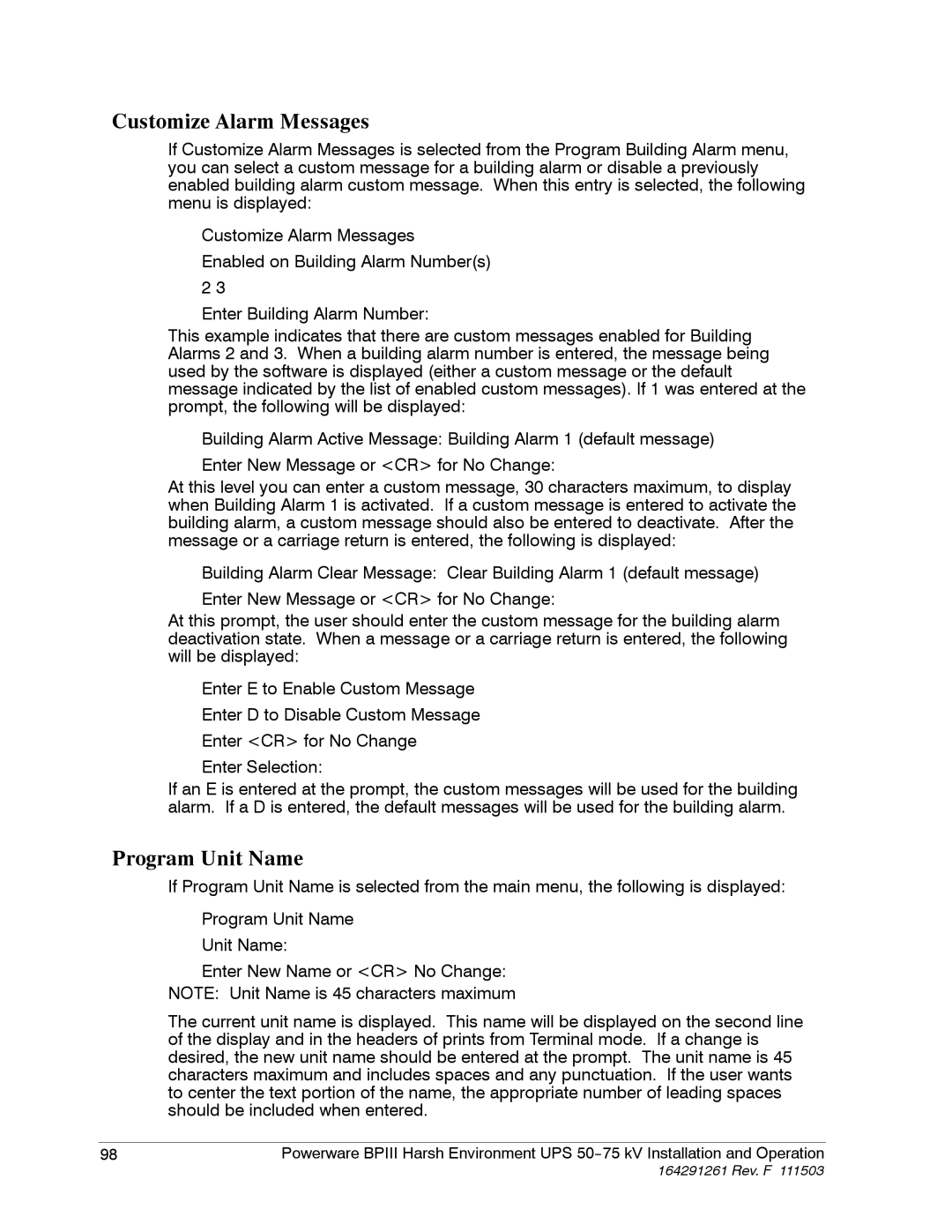 Powerware 5075 kVA operation manual Customize Alarm Messages, Program Unit Name 