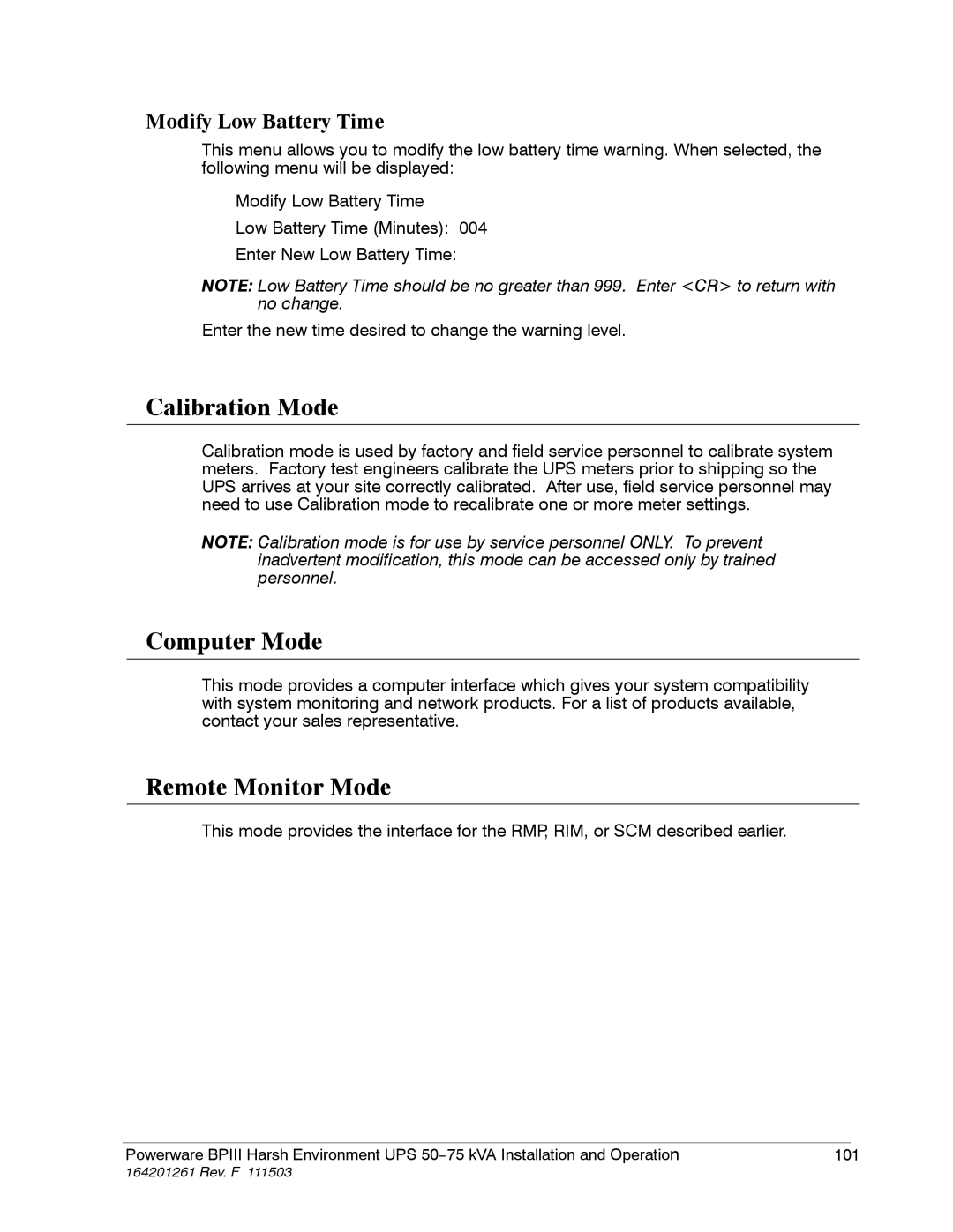 Powerware 5075 kVA operation manual Calibration Mode, Computer Mode, Remote Monitor Mode, Modify Low Battery Time 