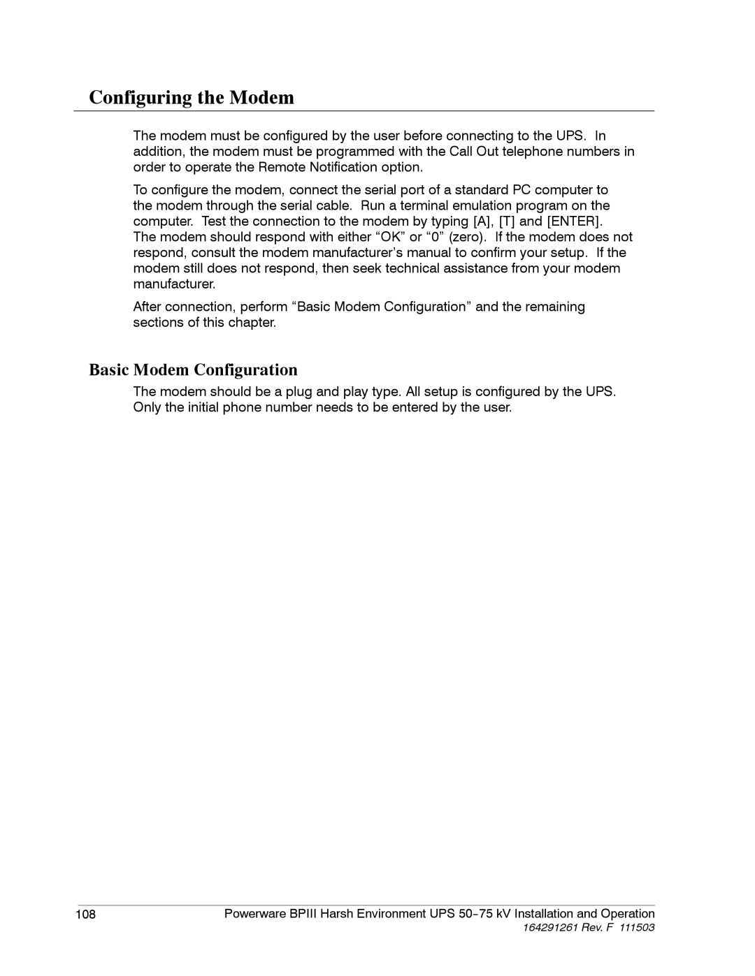 Powerware 5075 kVA operation manual Configuring the Modem, Basic Modem Configuration 