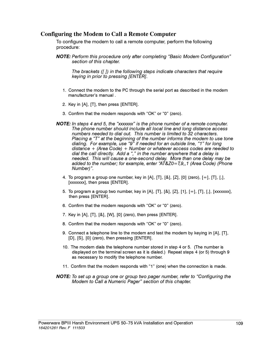 Powerware 5075 kVA operation manual Configuring the Modem to Call a Remote Computer 