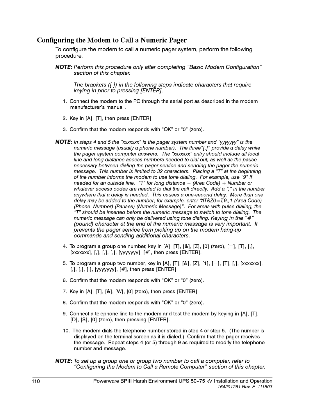 Powerware 5075 kVA operation manual Configuring the Modem to Call a Numeric Pager 