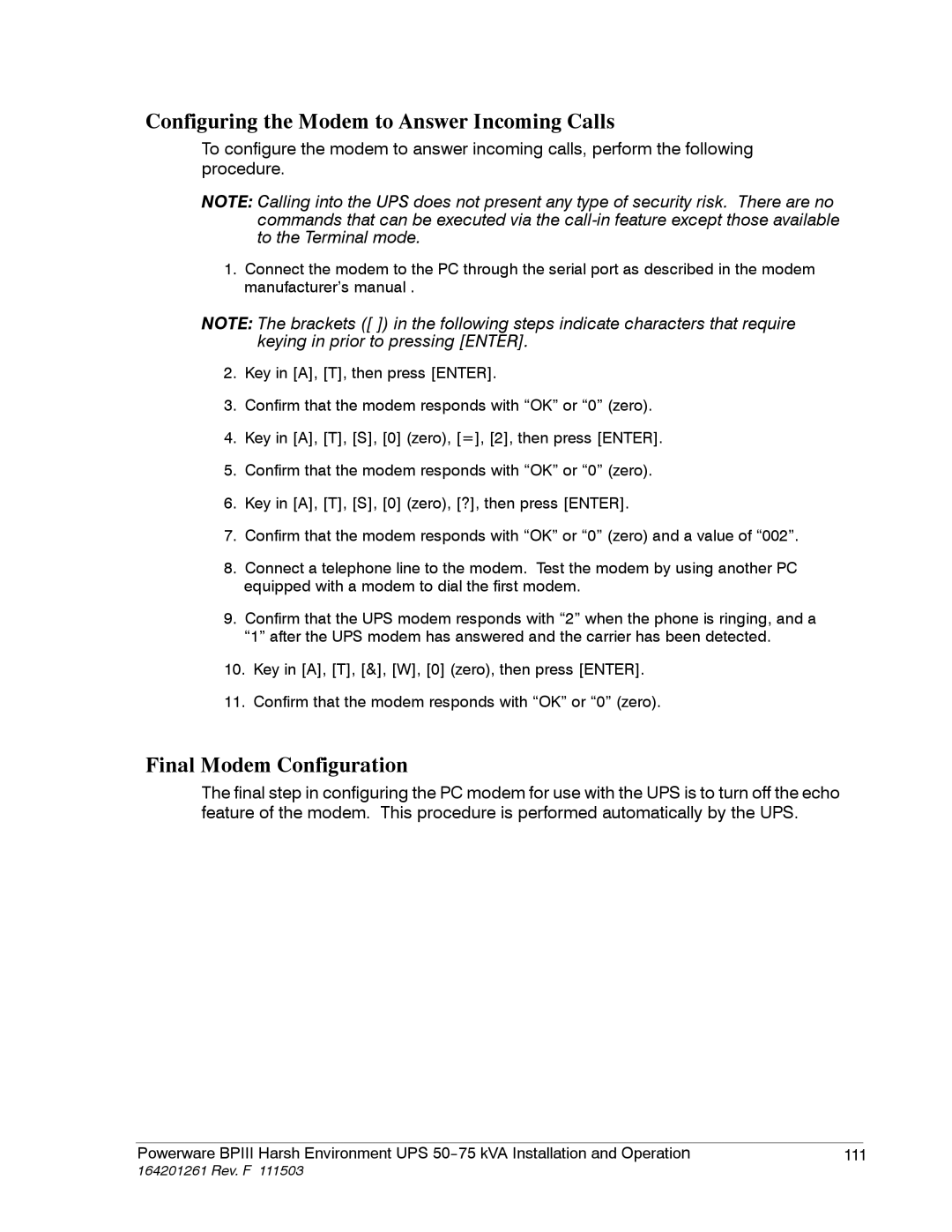 Powerware 5075 kVA operation manual Configuring the Modem to Answer Incoming Calls, Final Modem Configuration 