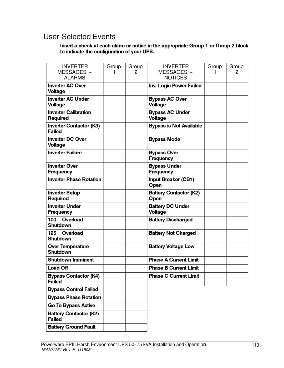 Powerware 5075 kVA operation manual User-Selected Events, Messages Alarms 